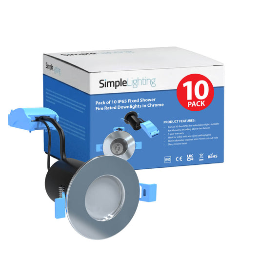 Pack of 10 Fixed IP65 Shower Fire Rated Downlights in a Polished Chrome Finish