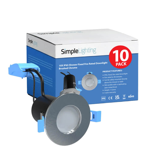 10 X Pack of 10 Fixed IP65 Fire Rated Shower Downlights in a Brushed Chrome Finish