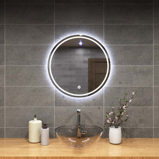 Glow, 600mm LED Bathroom Mirror above the sink in cool white light