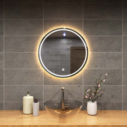 Glow, 600mm LED Bathroom Mirror above the sink in warm white light