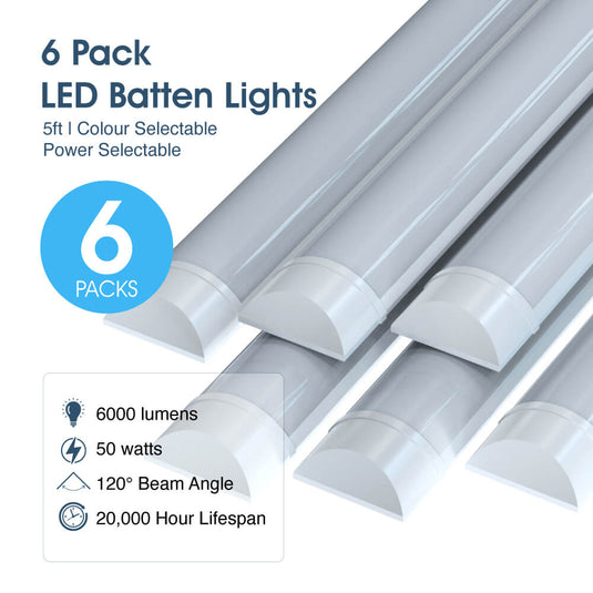 Six 5ft LED battens in a pack