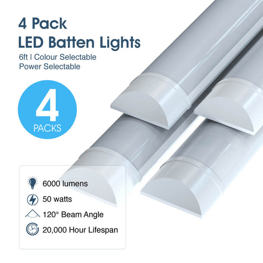 Four 6ft LED battens in a pack