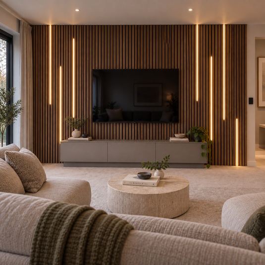 Slat wall neon in a compact modern lounge