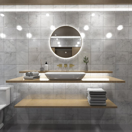 Luxe, 600mm LED Bathroom Mirror - Oak Style Bezel front facing in natural white light