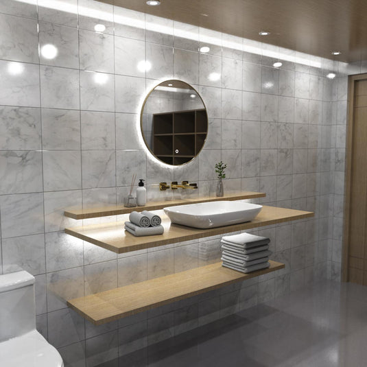 Luxe, 600mm LED Bathroom Mirror - Oak Style bezel right facing in natural white light