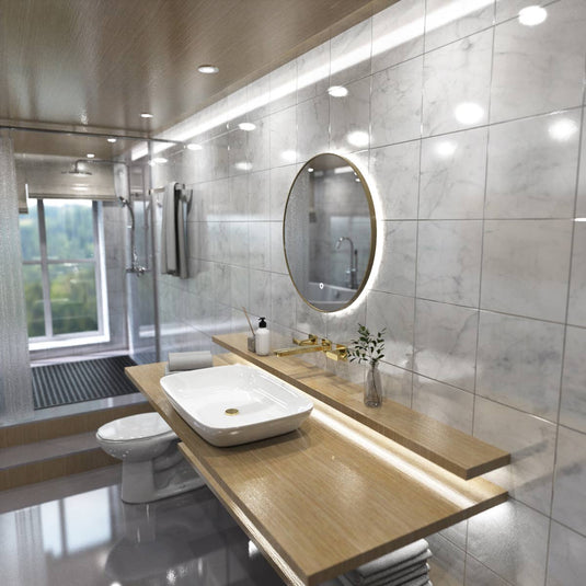 Luxe, 600mm LED Bathroom Mirror - Oak Style Bezel left facing full view in natural white light