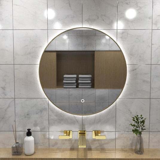 Luxe, 600mm LED Bathroom Mirror - Oak Style Bezel front facing in natural white light full view shot