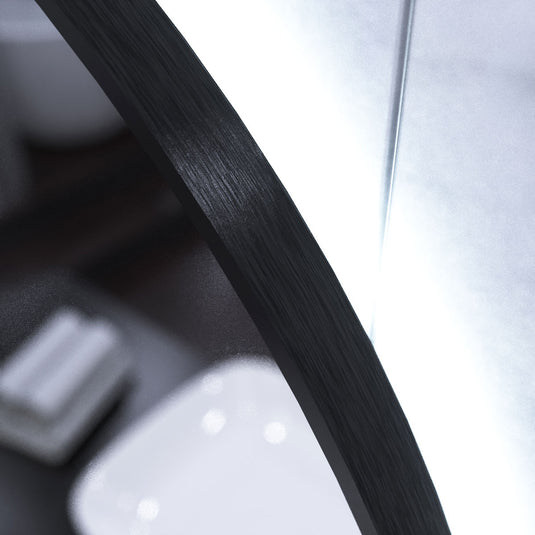 Luxe, 600mm LED Bathroom Mirror - Brushed Black close up shot on the frame, in cool white light