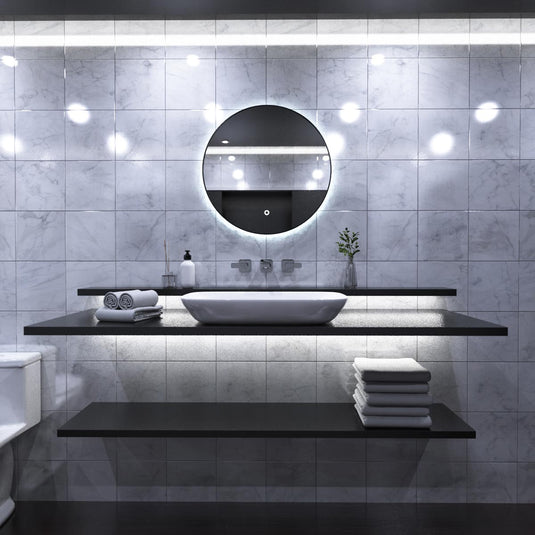 Luxe, 600mm LED Bathroom Mirror - Brushed Black above the sink in cool white light