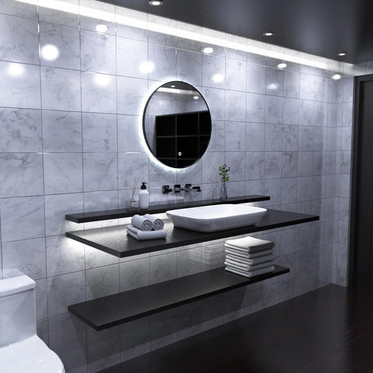 Luxe, 600mm LED Bathroom Mirror - Brushed Black above the sink in cool white light side shot