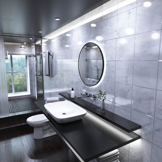 Luxe, 600mm LED Bathroom Mirror - Brushed Black above the sink in cool white light side shot close up