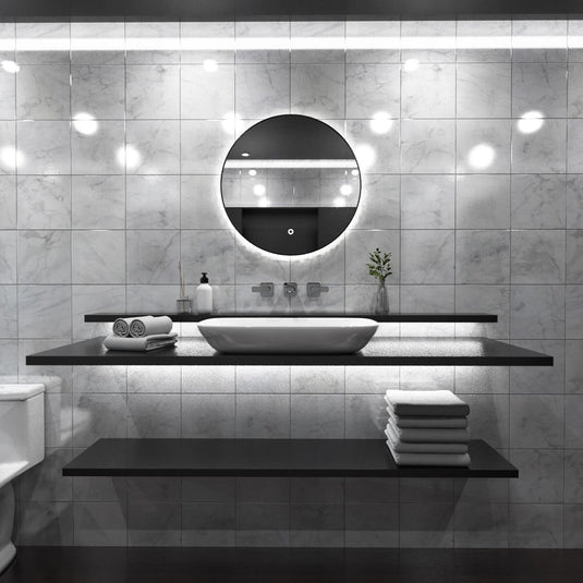 Luxe, 600mm LED Bathroom Mirror - Brushed Black above the sink in natural white light