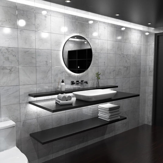 Luxe, 600mm LED Bathroom Mirror - Brushed Black above the sink in natural white light side shot