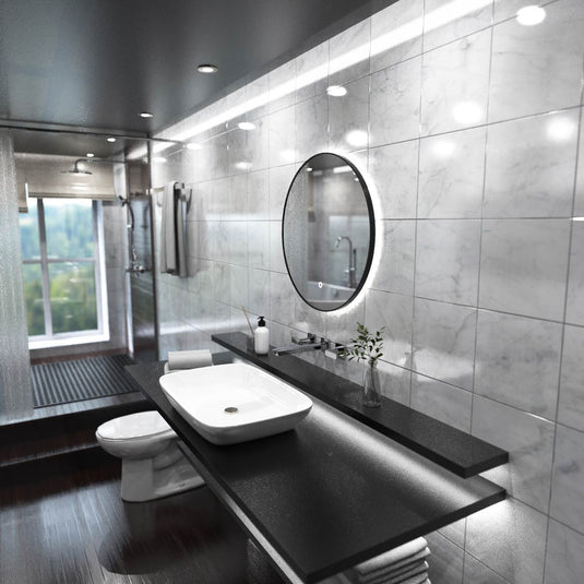 Luxe, 600mm LED Bathroom Mirror - Brushed Black above the sink in natural white light side shot close up
