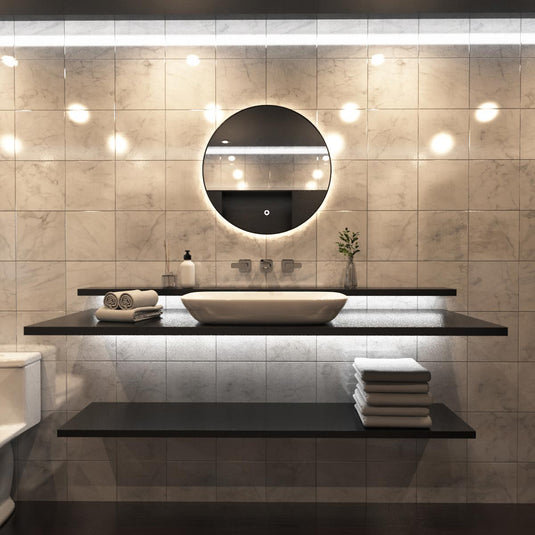 Luxe, 600mm LED Bathroom Mirror - Brushed Black above the sink in warm white light
