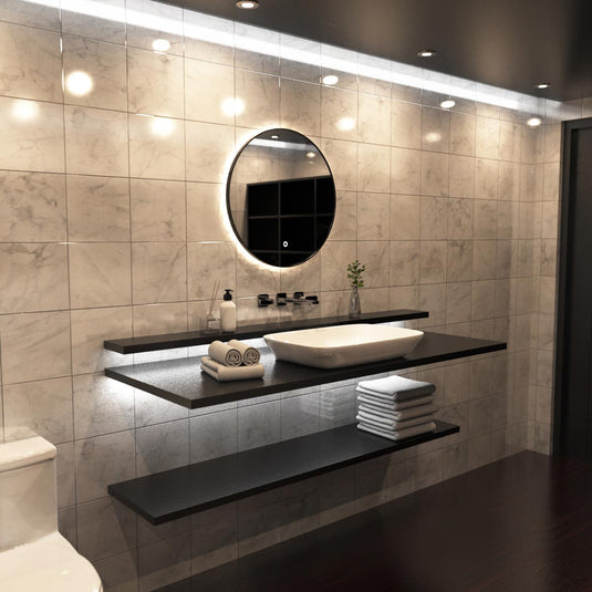 Luxe, 600mm LED Bathroom Mirror - Brushed Black above the sink in warm white light side shot