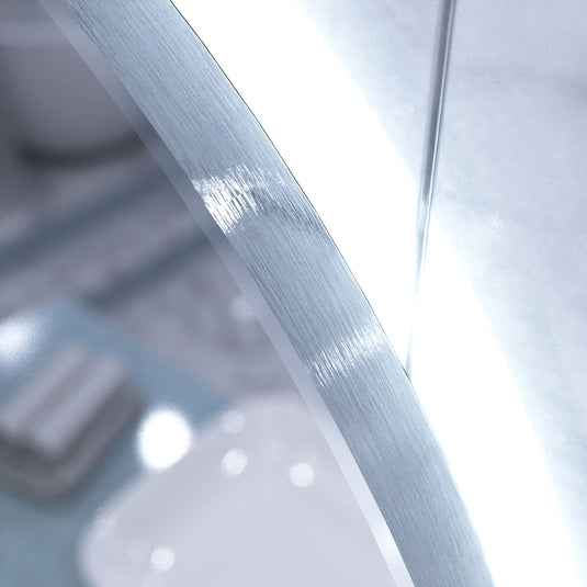 Luxe, 600mm LED Bathroom Mirror - Brushed Silver close up shot on the frame, in cool white light