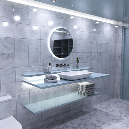 Luxe, 600mm LED Bathroom Mirror - Brushed Silver above the sink in cool white light side shot