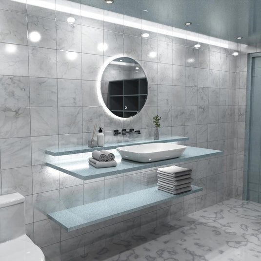 Luxe, 600mm LED Bathroom Mirror - Brushed Silver above the sink in natural white light side shot