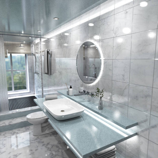 Luxe, 600mm LED Bathroom Mirror - Brushed Silver above the sink in natural white light side shot close up