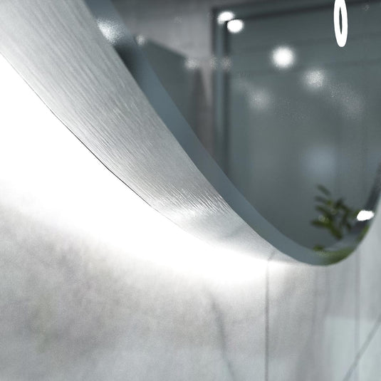 Luxe, 600mm LED Bathroom Mirror - Brushed Silver close up shot on the frame, in natural white light