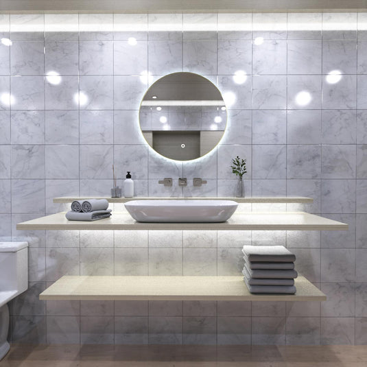 Luxe, 600mm LED Bathroom Mirror - Brushed Titanium Gold above the sink in cool white light