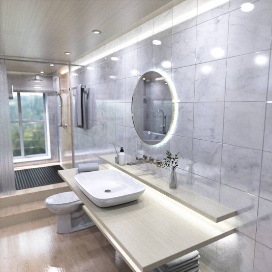 Luxe, 600mm LED Bathroom Mirror - Brushed Titanium Gold above the sink in cool white light side shot close up