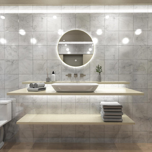 Luxe, 600mm LED Bathroom Mirror - Brushed Titanium Gold above the sink in natural white light