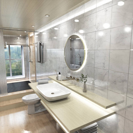 Luxe, 600mm LED Bathroom Mirror - Brushed Titanium Gold above the sink in natural white light side shot close up