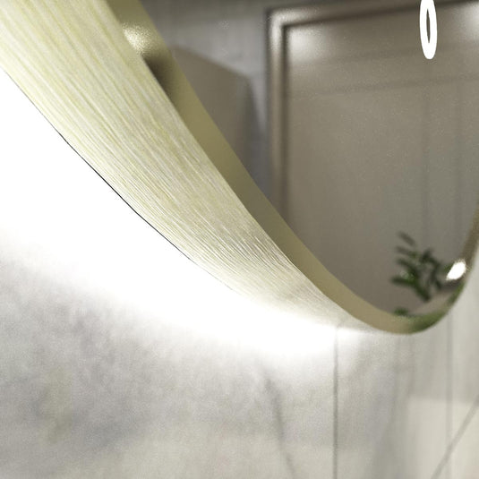 Luxe, 600mm LED Bathroom Mirror - Brushed Titanium Gold close up shot on the frame, in natural white light
