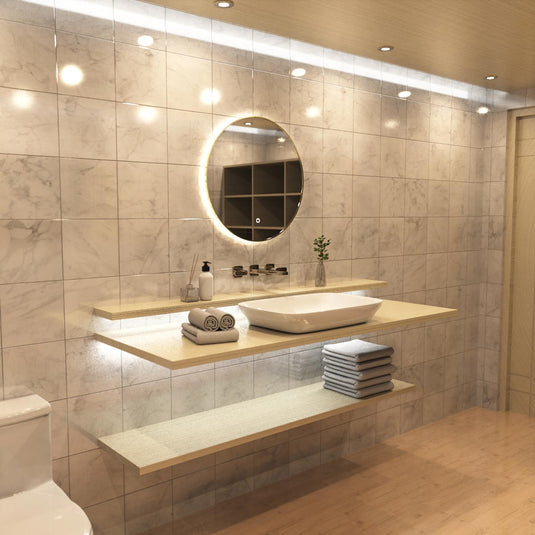 Luxe, 600mm LED Bathroom Mirror - Brushed Titanium Gold above the sink in warm white light side shot