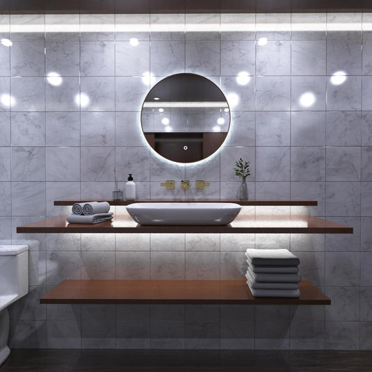 LED Bathroom Mirror - Walnut Style Bezel front facing shot, in cool white light