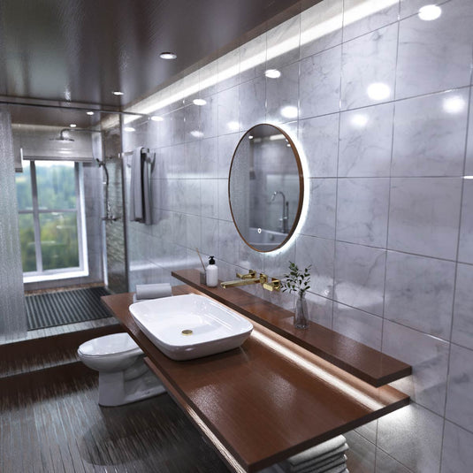 LED Bathroom Mirror - Walnut Style Bezel left facing shot full view, in natural white light