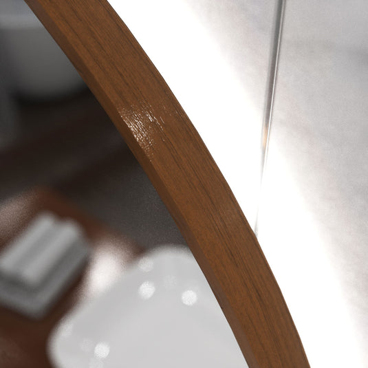 Luxe, 600mm LED Bathroom Mirror - Walnut Style Bezel close up shot