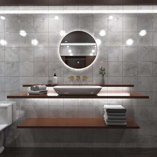 Luxe, 600mm LED Bathroom Mirror - Walnut Style Bezel front facing shot, in natural white light