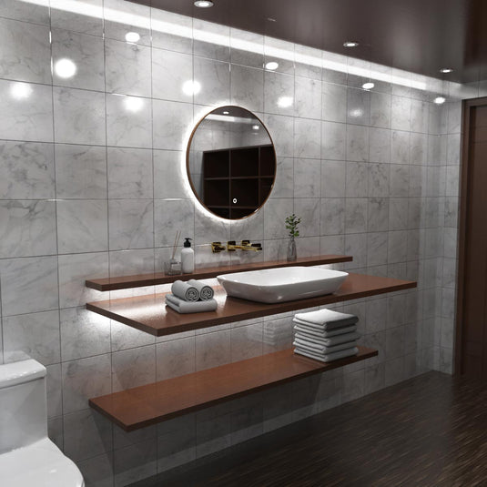 Luxe, 600mm LED Bathroom Mirror - Walnut Style Bezel right facing shot, in natural white light