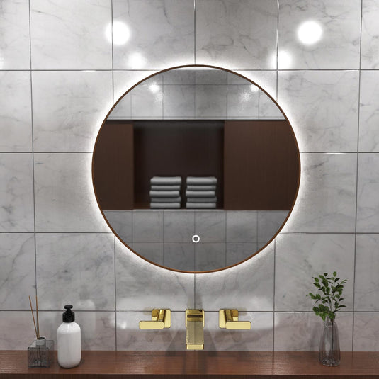 Luxe, 600mm LED Bathroom Mirror - Walnut Style Bezel front facing close up shot, in natural white light