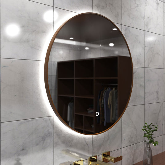 Luxe, 600mm LED Bathroom Mirror - Walnut Style Bezel right facing shot close up, in natural white light