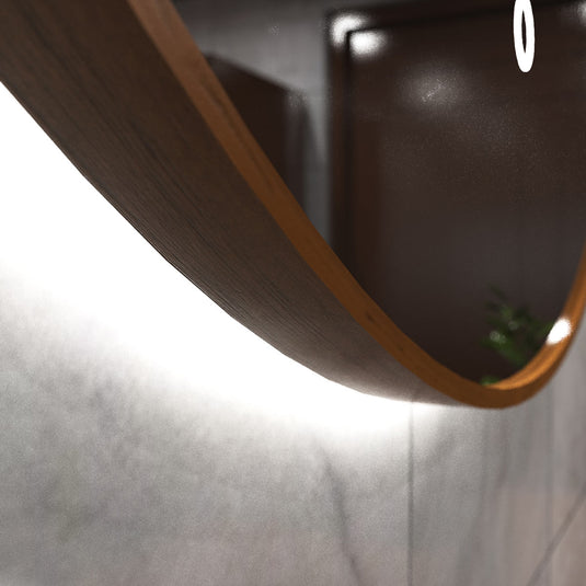 Luxe, 600mm LED Bathroom Mirror - Walnut Style Bezel close up shot, in natural white light