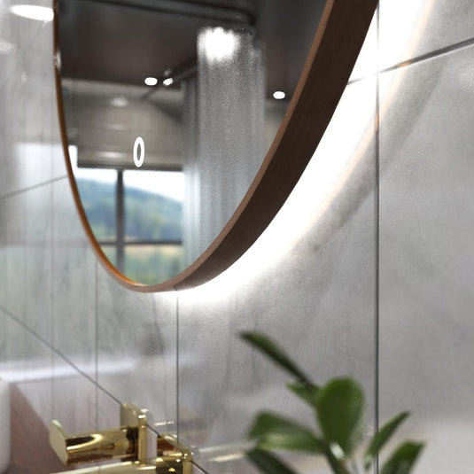 LED Bathroom Mirror - Walnut Style Bezel left facing shot, in natural white light