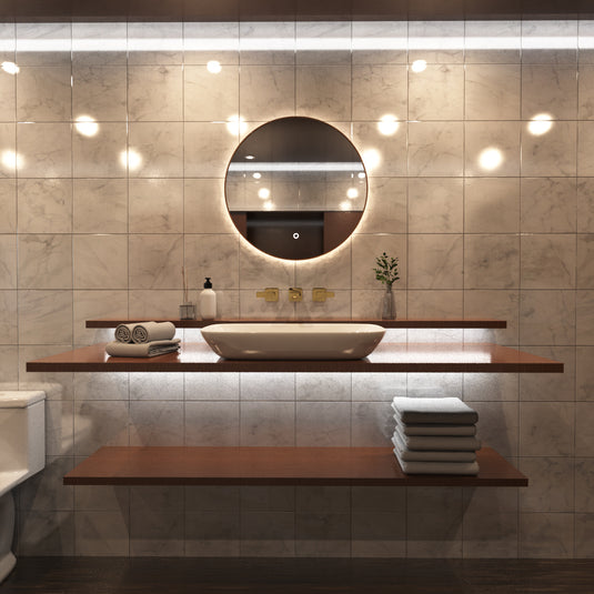 LED Bathroom Mirror - Walnut Style Bezel front facing shot, in warm white light