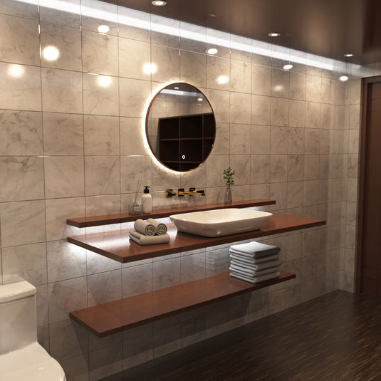 LED Bathroom Mirror - Walnut Style Bezel right facing shot, in warm white light