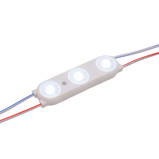 Front of a triple LED module, lit