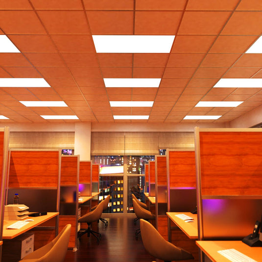 Warm white LED panels over office desks