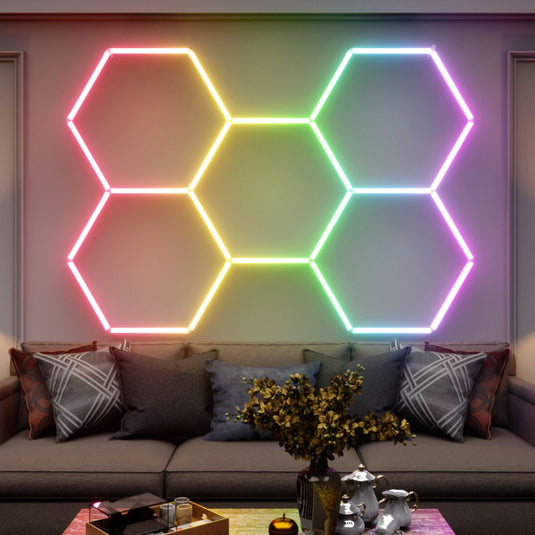 RGB hexagon lights in a living room