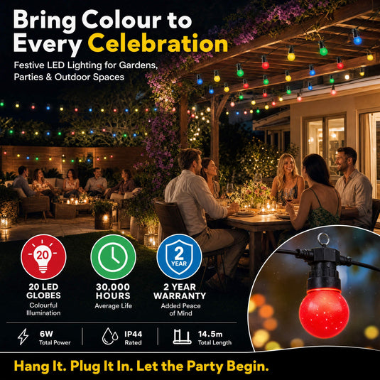 Coloured festoon lights at a celebration