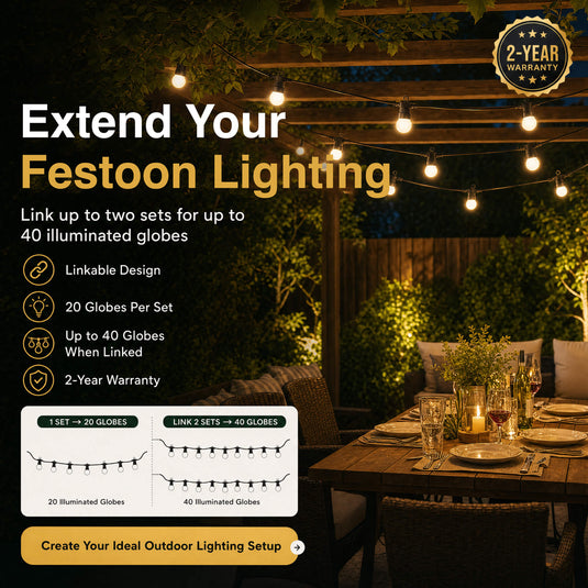 Two festoon strings linked for 40 globes