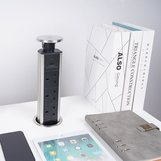 Stainless Steel Pop Up Plug Socket With USB Charging & 3 x UK Plug Sockets