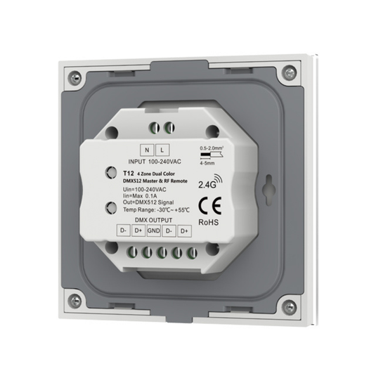 Back of the touch panel with DMX in and out ports