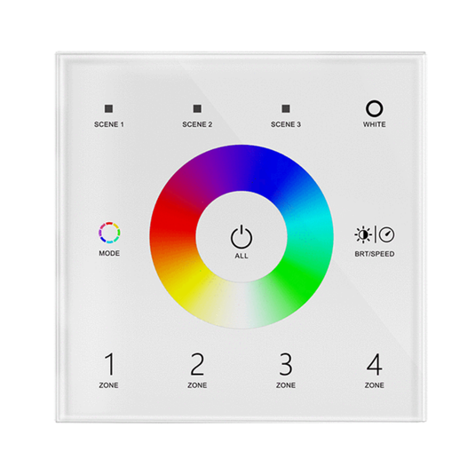 White glass RGBW touch panel with colour wheel, scene and zone keys